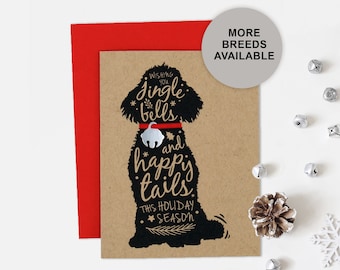 Könnte beinhalten: Eine braune Karte mit einer schwarzen Silhouette eines Hundes mit dem Text "Wishing you jingle bells and happy tails this holiday season". Der Hund trägt ein rotes Halsband mit einer silbernen Glocke.