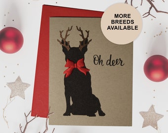 Boston Terrier Christmas Card, Dog Holiday Card, Antlers, Bow, Single Card, Set of 4 or 8