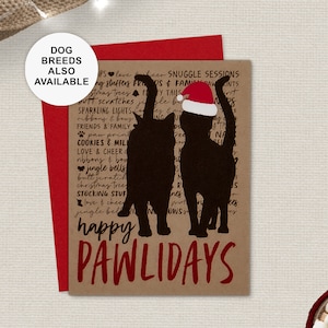 Biglietto di Natale con due gatti, biglietto di auguri per le feste con i gatti, cappello di Babbo Natale, Pawlidays, biglietto singolo, set da 4 o 8