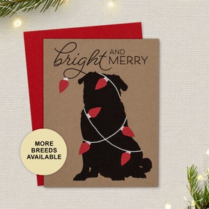 Biglietto di Natale con carlino, biglietto di auguri per le feste con cane, luci, lampadine, biglietto singolo, set da 4 o 8