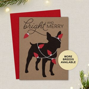 Boston Terrier biglietto di Natale, biglietto di auguri per le feste del cane, luci, lampadine, biglietto singolo, set da 4 o 8