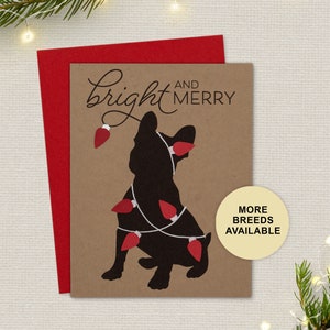 Biglietto di Natale Bulldog francese, biglietto di auguri per le feste del cane, luci, lampadine, biglietto singolo, set da 4 o 8