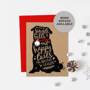 Biglietto di Natale Pug, Puggle, biglietto di auguri per le feste con il cane, Jingle Bell, biglietto singolo, set da 4 o 8