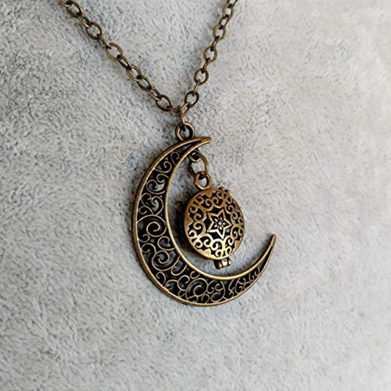 Lunar Moon BronzeBrass Tone Crescent Small Aromatherapy Essential Oil Diffuser Locket Necklace