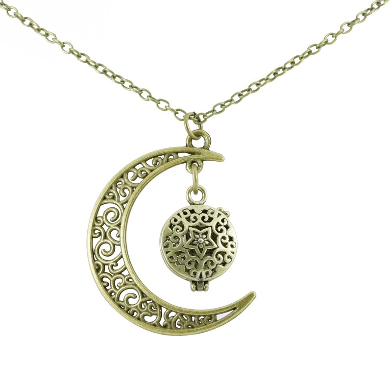 Lunar Moon BronzeBrass Tone Crescent Small Aromatherapy Essential Oil Diffuser Locket Necklace