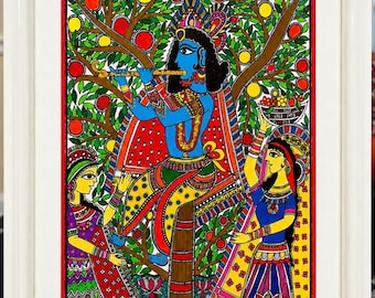 The Divine Melody | Krishna, Kadamba Tree and Gopis | Original Madhubani Painting |