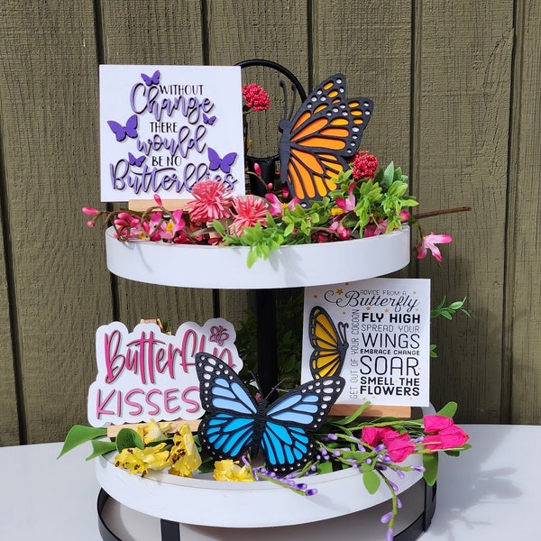 Butterfly tiered tray decor, home decor, Spring, Summer