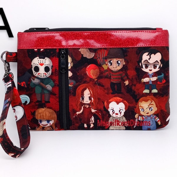 Horror face your fears Wristlet Clutch, Penny wise, Freddy Krueger, Halloween, Michael Myers, Annabelle, Chucky, scary movies