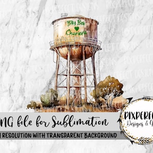 May include: Watercolor illustration of a rusty water tower with the words "Billy Bob Charities" written on it. The tower is surrounded by green trees and grass.