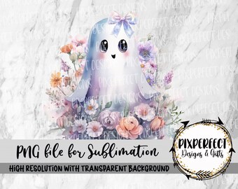 Pastel Ghost Sublimation Design: Watercolor Floral Halloween (PNG Digital Download)