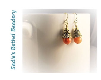 Carnelian Orange earrings with Ornate Gold Bead Cap