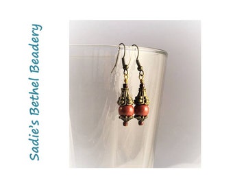 Earthy Red Earrings with Antique Gold Bead Caps