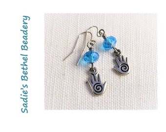 Turquoise Crystal Bead Earrings with Silver Hand Charm