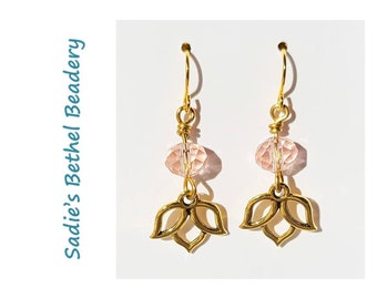 Palest Pink Crystal Earrings with Gold Lotus Charm