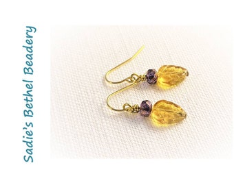 Yellow Leaf Earrings with Faceted Purple Crystal Bead