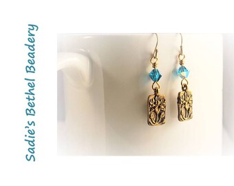 Turquoise Crystal Earrings with Copper Floral Tile