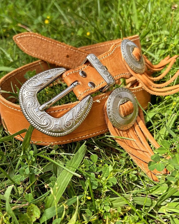 Vintage leather western concho fringe belt - image 1