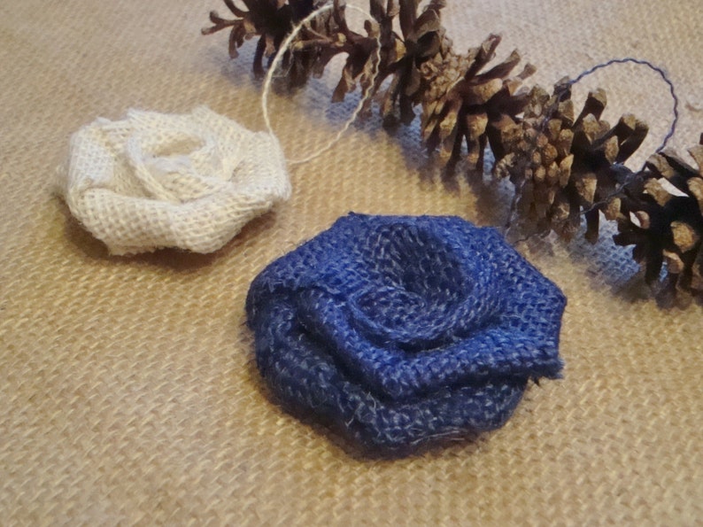 Blue and White Set of 2 Burlap Rose Ornaments