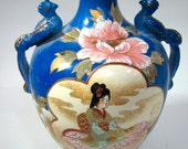 Handpainted Vintage Asian Vaxe, Quetzal Bird Handles, Satsuma Style, Geisha 39 s, 10 quot x 6.5 quot Cobalt Blue,