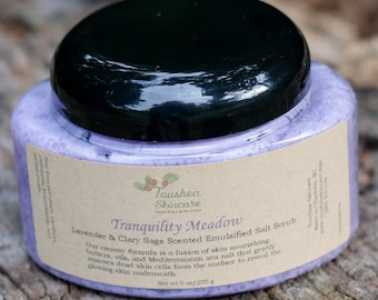 Lavender And Clary Sage Mediterranean Sea Salt Exfoliating Body Scrub, Handmade With Shea Butter & Cocoa Butter, Tranquility Meadow