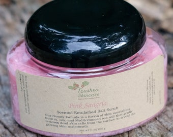 Pink Sangria Mediterranean Sea Salt Exfoliating Body Scrub, Handmade With Shea Butter And Cocoa Butter