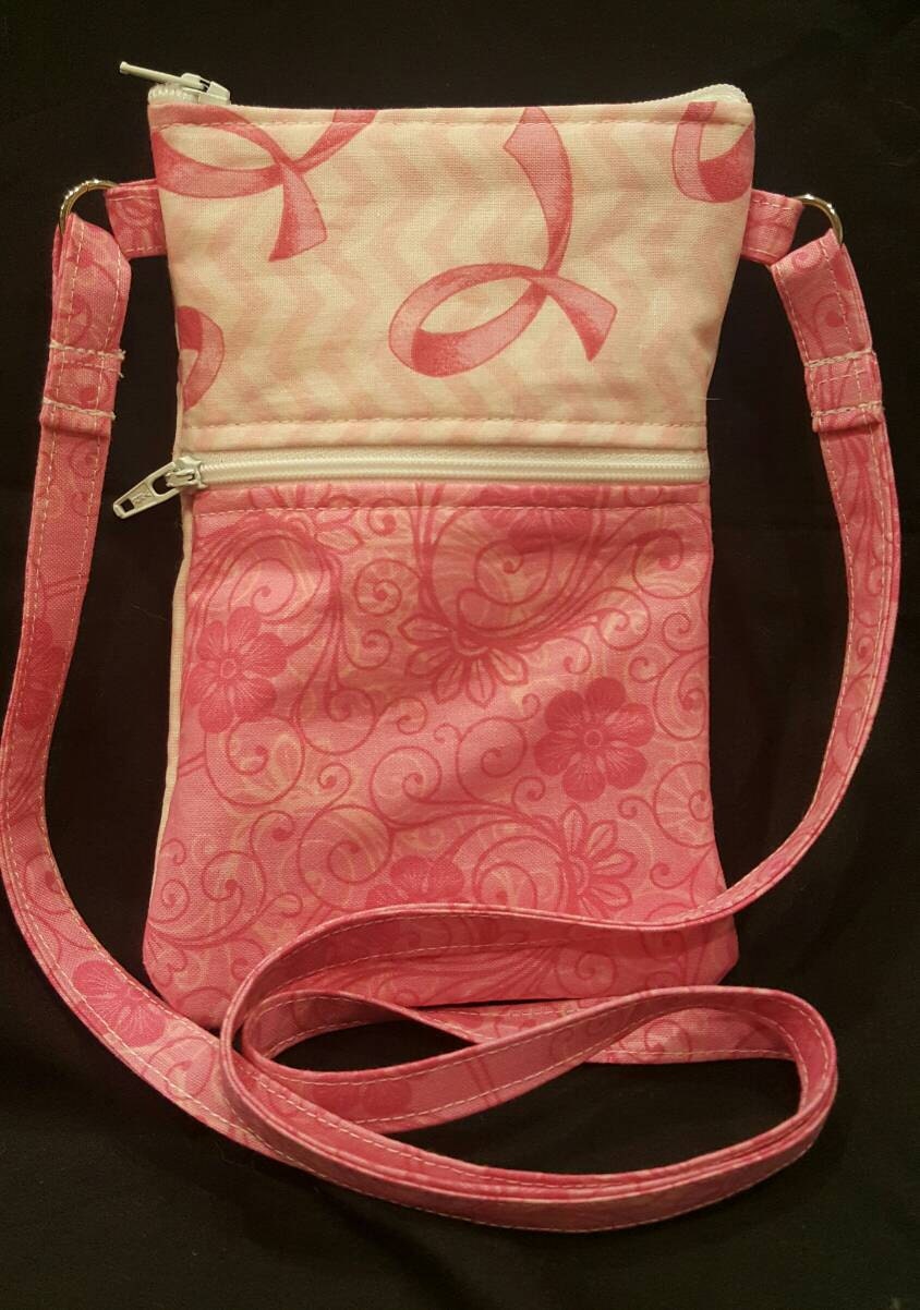 Handmade neck purse/ cell phone purse made with fabric celebrating breast cancer awareness