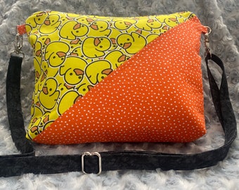 Duck Print Crossbody Bag – Orange Polka Dot Accent – Adjustable Strap Purse