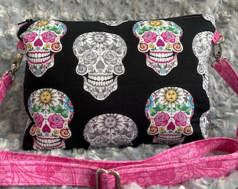 Sugar Skull Crossbody Purse: Cotton Hipster Bag