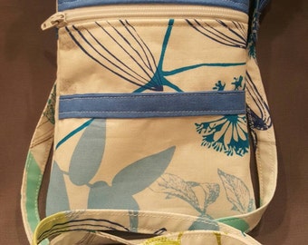 Handmade neck purse/ cell phone purse made with a summery blue floral material