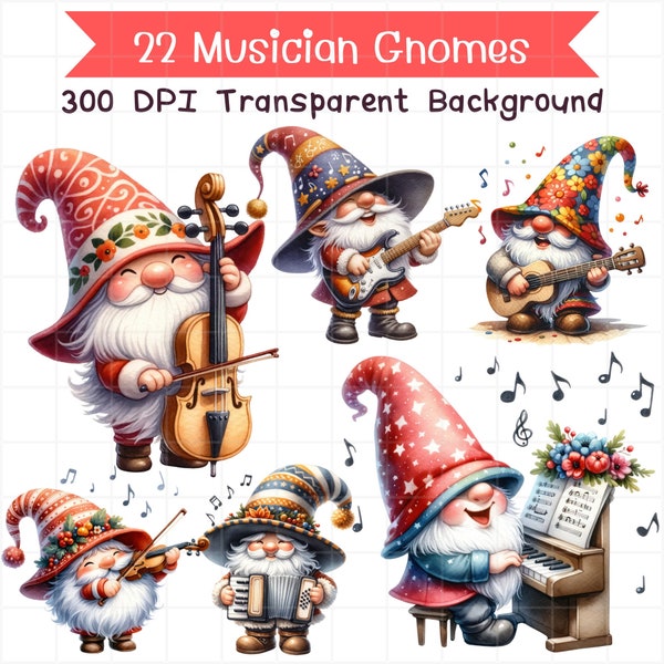 Watercolor Musician Gnomes Clipart Bundle, Music Gnomes Png, Whimsical Gnomes Clipart, Musical Instrument Illustration, Gnomes Sublimation