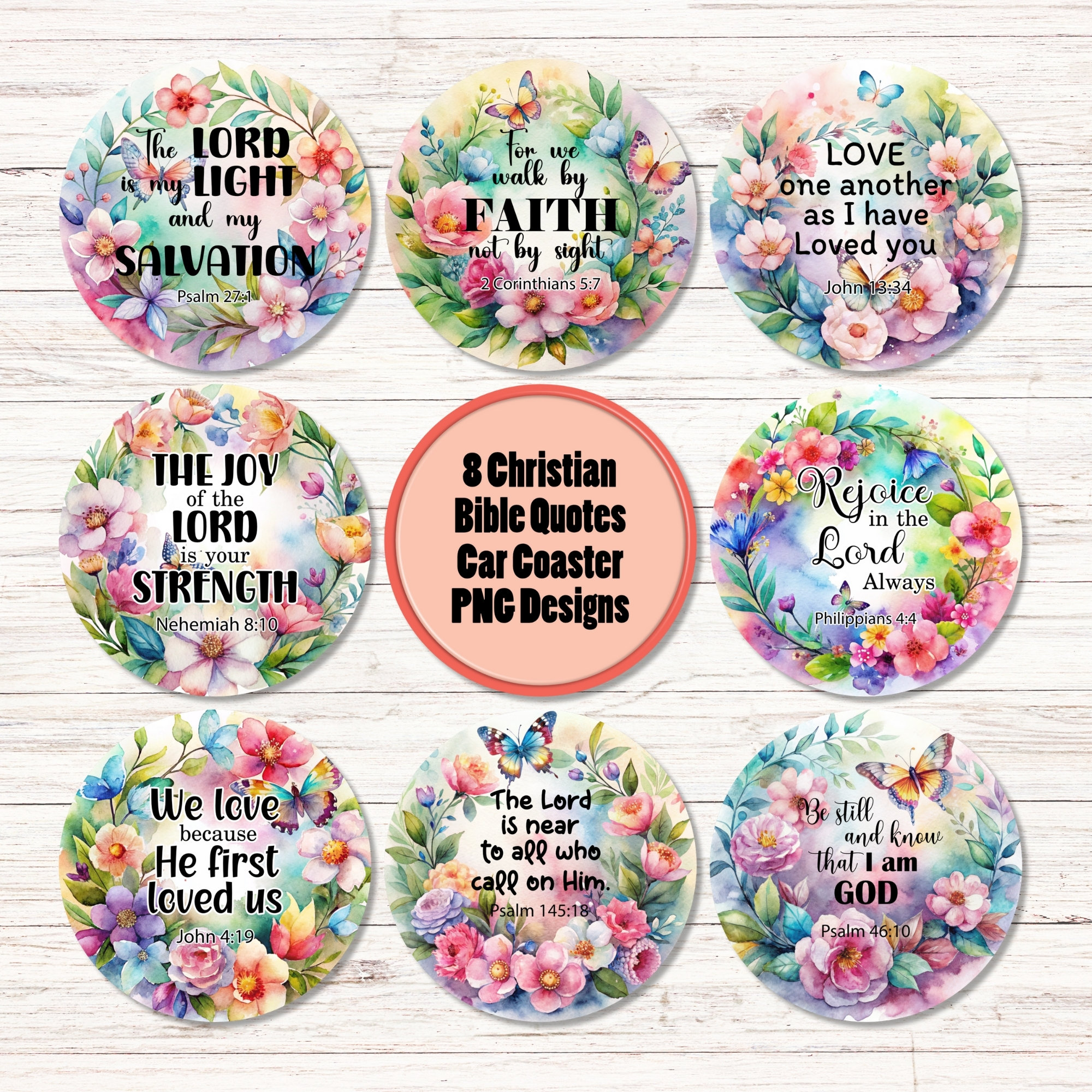 Christian Car Coaster PNG Sublimation Designs: Bible Verse Quotes (Digital Download, 8-Pack, 4x4 inches)