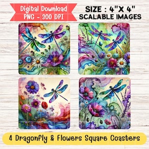 Vibrant Dragonfly Flowers Square Coasters, 4 PNG Sublimation Designs, Dragonfly Floral Regular Coasters, Dragonflies Coasters Gift Idea Mom