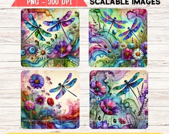 Ontwerpen voor onderzetters met bloemen en bloemen: 4 png-sublimatiebestanden (digitale download)