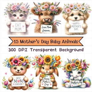 Aquarela Dia Das Mães Pacote De Clipart De Animais Bebês, Decoração Dia Das Mães, Ilustração, Animais Bebês Png Sublimação, Confecção De Cartões Png