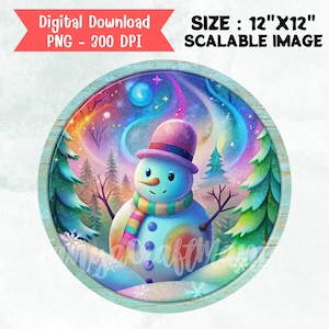 Fantasy Snowman Door Hanger, Round Png Sublimation Design, Winter Wreath Sign, Round Door Hanger, Garden Wreath Sign, Watercolor Snowman Png