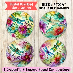 Dragonfly Flowers Car Coasters, PNG Sublimation Designs, Bundle of 4 Round Coasters, Dragonfly Floral Coasters,  Round Ornaments, Keychain