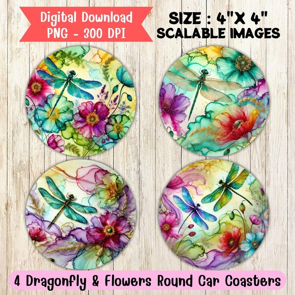 Diseños de sublimación PNG de posavasos florales de libélula (descarga digital)