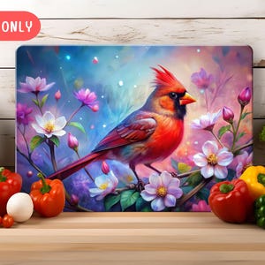 Cardinal Spring Flowers Glass Cutting Board Design (PNG Sublimation)