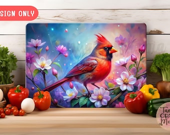 Cardinal Spring Flowers Glass Cutting Board Design (PNG Sublimation)