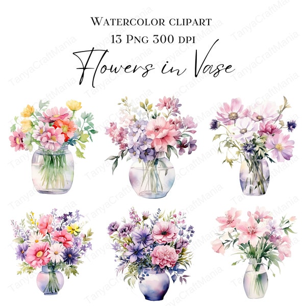 Watercolor Flowers in Vase Clipart, Floral Flower Bouquet, PNG Clipart for Wall Art, Wedding Bridal Shower Graphic, Card Making, 300 DPI