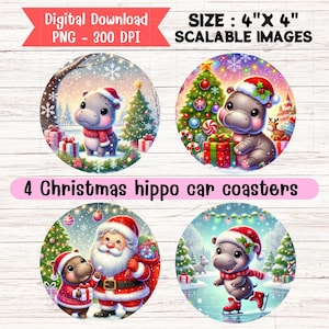 Christmas Hippo Car Coasters, PNG Sublimation Designs, Bundle of 4 Round Coasters, Pygmy Hippo Santa Hat, Christmas Gift Ornaments, Keychain