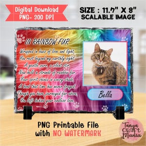 May include: A rectangular memorial stone with a rainbow fur design and a photo of a cat named Bella. The text reads "In Rainbow Fur" and includes a poem. The size is 11.7" x 8".