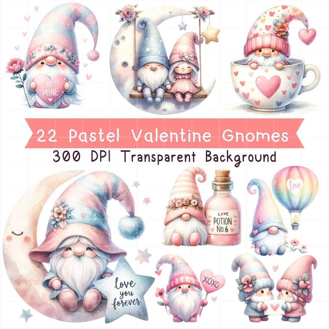 Watercolor Pastel Valentine Gnomes Clipart Bundle, Valentines Day ...