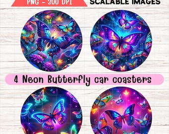 Neon Butterfly Car Coaster PNG Sublimation Designs (Digital Download)