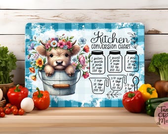Highland Cow Wild Flowers Kitchen Conversion Cutting Board Sublimation Design 2 PNG, Blue Plaid Chopping Board Design, Gift For Mom, Friends