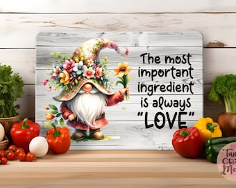 Flower Gnome Glass Cutting Board Sublimation Design PNG, Text, The Most Important Ingredient Is Always Love, Gnome Flower Cutting Board Png