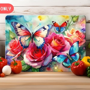 Vibrant Butterfly and Roses Glass Cutting Board Sublimation Design JPG, Butterflies and Flowers Chopping Board Design, Gift For Mom, for Her