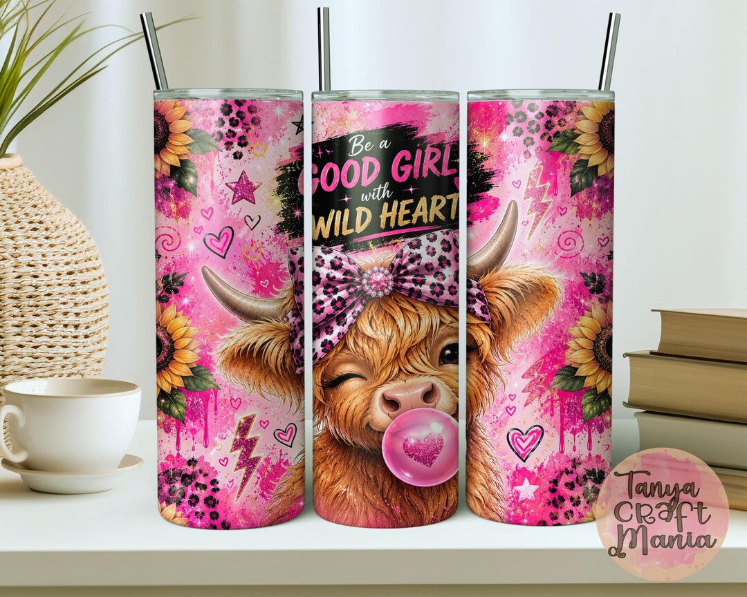 Pink Highland Cow 20oz Tumbler Wrap PNG Sublimation Design, Be a Good ...