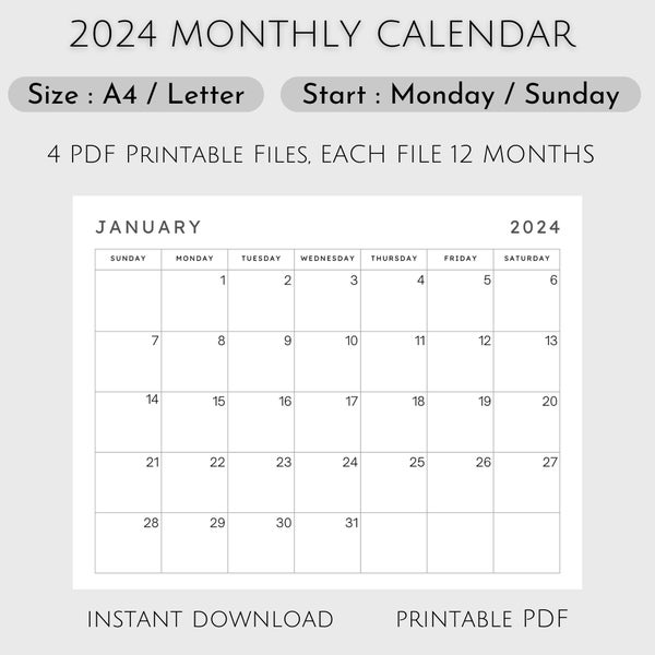 2024 Monthly Calendar Landscape Sunday & Monday Start, 2024 Minimal  Monthly Planner, A4 and Letter Size, PDF Instant Download, Minimalistic