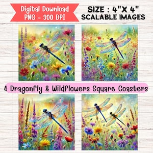 Dragonfly and Wild Flowers Square Coasters, PNG Sublimation Designs, Bundle of 4 Coasters, Wildflower Dragonflies Coasters Design, Gift Png